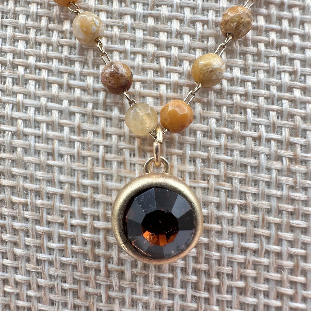Vintage 90s Gold Tone Beaded Pendent Necklace Rhinestone Boho Women's Jewelry